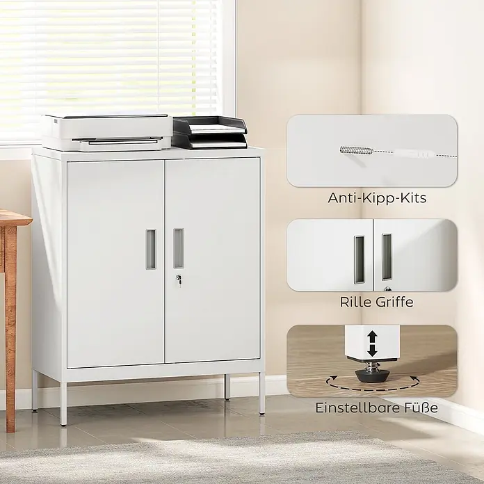 Homcom Aktenschrank 1-teilig - B x T x H: 40 x 40 x 100 cm, Weiß - Weißer Metallschrank mit zwei Türen, eingelassenen Griffen, Schloss, verstellbaren Füßen und Kippschutz. Drucker und Ablage darauf.