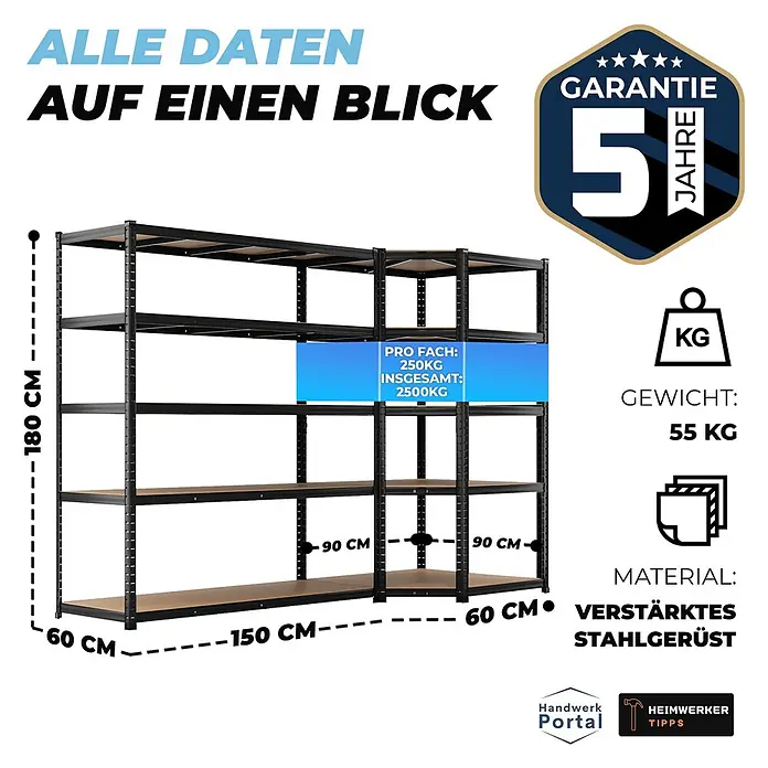 Allshelf Eckregal - H x B x T: 180 x 150 x 60 cm, Traglast pro Boden: 250 kg, Stecken - Schwarzes Schwerlastregal aus verstärktem Stahl mit Holzablagen, 180x150x60cm, 250kg Traglast pro Fach.