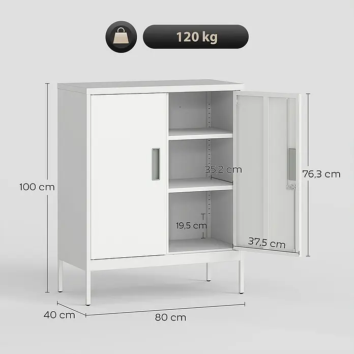 Homcom Aktenschrank 1-teilig - B x T x H: 40 x 40 x 100 cm, Weiß - Weißer Metallschrank mit zwei Türen, Regalböden, Abmessungen und 120 kg Tragfähigkeit.