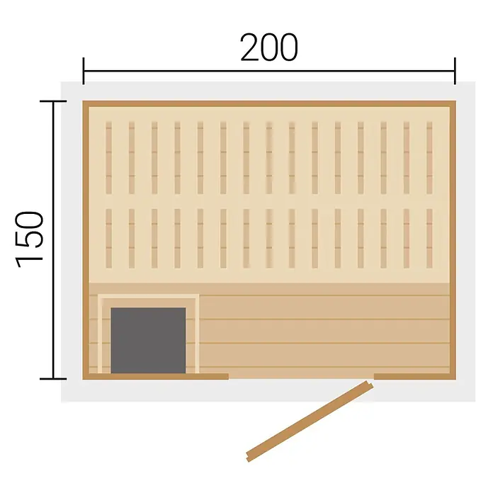 Weka Saunahaus Kaapi 2 - L x B x H: 172 x 224 x 215 cm, Natur, Mit 9 kW Ofen mit externer digitaler Steuerung - Draufsicht auf helle Holzsauna mit Bänken, Ofen und offener Tür, Maße 200x150.