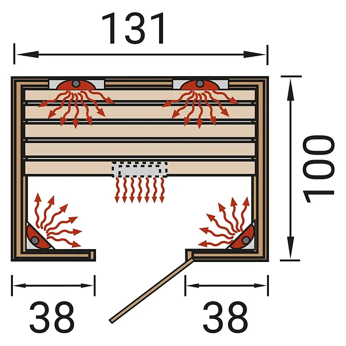 Weka Infrarotkabine Vaala - 100 x 131 x 196 cm, 2.050 Watt (W) - Draufsicht auf einen Sauna-Grundriss mit hellen Holzbänken, dunklem Holzrahmen, Heizelementen und Abmessungen (131x100 Einheiten).
