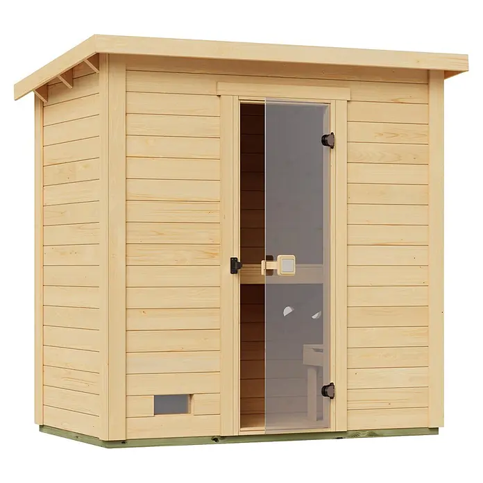 Weka Saunahaus Kaapi 1 - L x B x H: 138 x 224 x 215 cm, Natur, Mit 9 kW Ofen mit integrierter Steuerung - Saunakabine aus hellem Holz mit klarer Glastür.