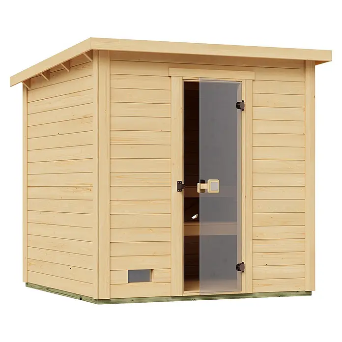 Weka Saunahaus Kaapi 3 - L x B x H: 226 x 224 x 215 cm, Natur, Mit 9 kW Ofen mit integrierter Steuerung - Kompakte Holz-Außensauna mit Pultdach und klarer Glastür. Aus hellem Holz gefertigt.