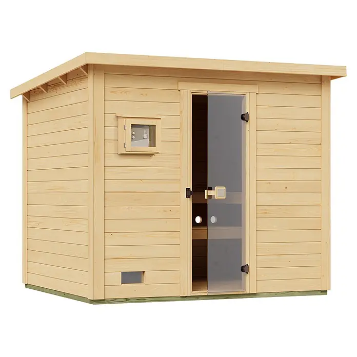 Weka Saunahaus Kaapi 4 - L x B x H: 226 x 259 x 215 cm, Natur, Mit 9 kW Ofen mit externer digitaler Steuerung - Helle Holz-Außensauna mit Glastür und kleinem Fenster.