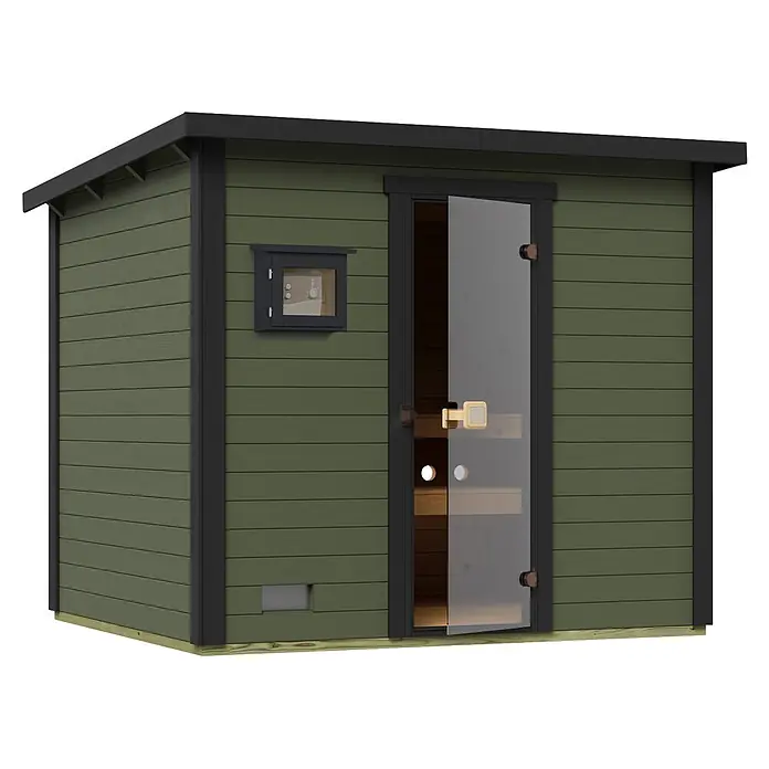 Weka Saunahaus Kaapi 4 - L x B x H: 226 x 259 x 215 cm, Grüngrau, Mit 9 kW Ofen mit externer digitaler Steuerung - Grüne Holzaußensauna mit schwarzem Rahmen, Glastür und kleinem Fenster.