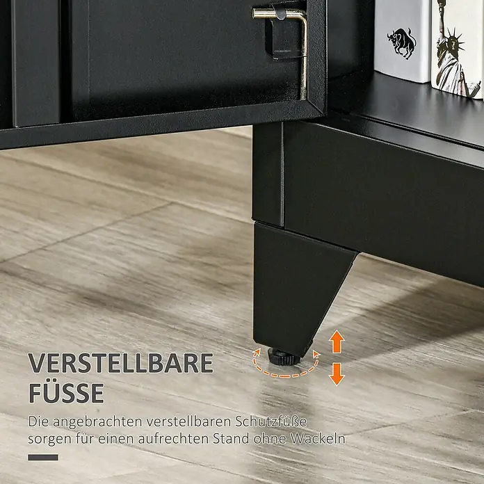 Homcom Aktenschrank 1-teilig -  - Detail eines schwarzen Metallschranks mit verstellbaren Füßen für einen stabilen und waagerechten Stand.