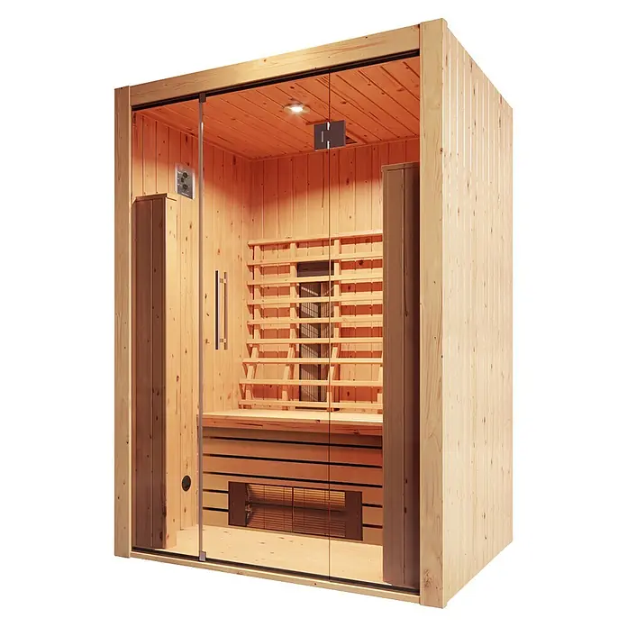 Weka Infrarotkabine Hamina - 103,5 x 138 x 190 cm, 2.050 Watt (W) - Helle Holz-Infrarotsaunakabine mit Klarglastür, zeigt Innenbänke und Heizelemente.