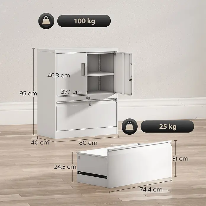 Homcom Aktenschrank 1-teilig - Weiß - Weißer Aktenschrank aus Metall mit abschließbarem Oberfach und Schublade, Maße und Traglasten angezeigt.