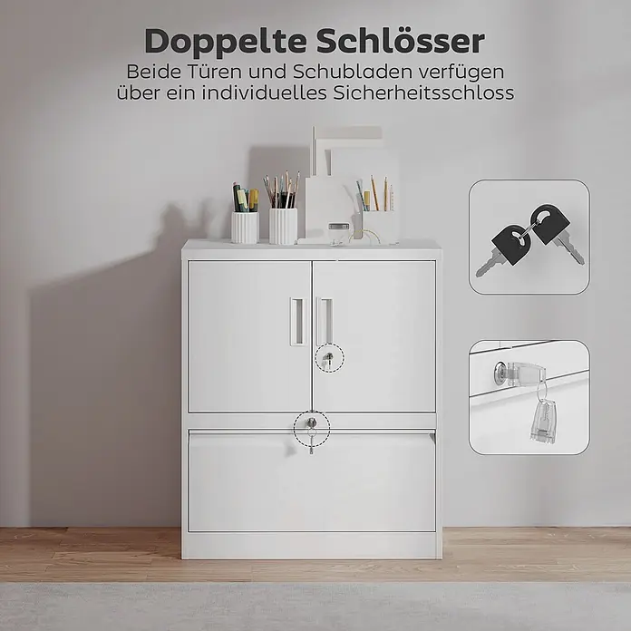 Homcom Aktenschrank 1-teilig - Weiß - Weißer Metallschrank mit zwei Türen und einer Schublade, jeweils mit individuellem Sicherheitsschloss. Detailaufnahmen zeigen die Schlüssel.