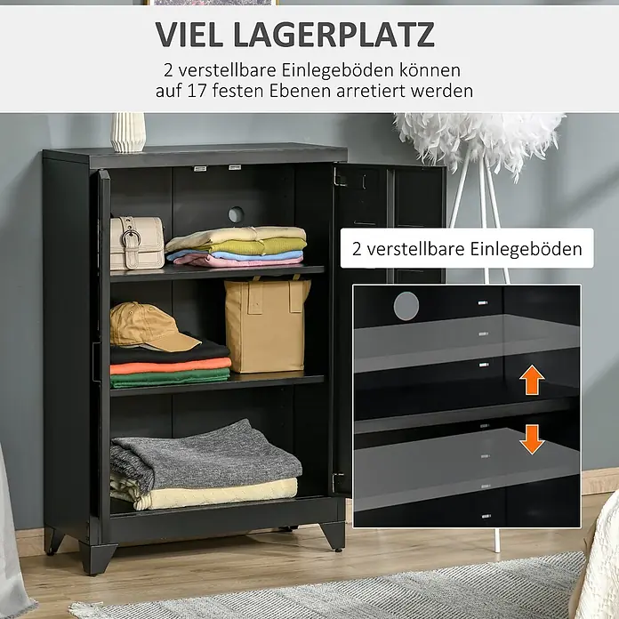 Homcom Aktenschrank 1-teilig -  - Schwarzer Lagerschrank mit offenen Türen und 2 verstellbaren Einlegeböden, gefüllt mit Kleidung und Accessoires.