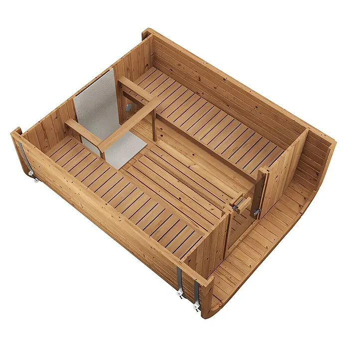 Weka Saunahaus Laadi250S - L x B x H: 250 x 205 x 210 cm, Natur, Ohne Ofen - Holzsauna-Innenraum mit Lattenbänken, grauer Rückenlehne und Glastür.