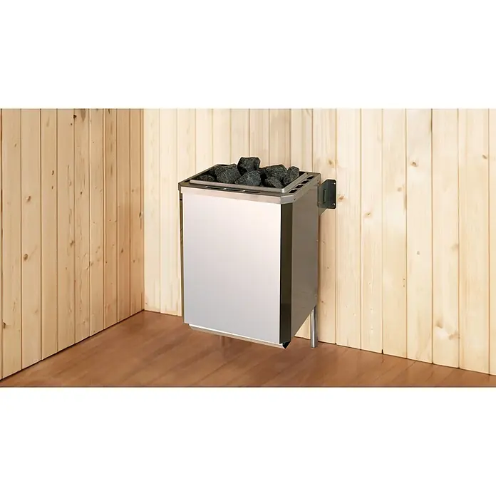 Weka Saunahaus Kaapi 1 - L x B x H: 138 x 224 x 215 cm, Grüngrau, Mit 9 kW Bio-Ofen mit externer digitaler Steuerung - Wandmontierter silberner Saunaofen mit schwarzen Steinen in einer Holzsauna.