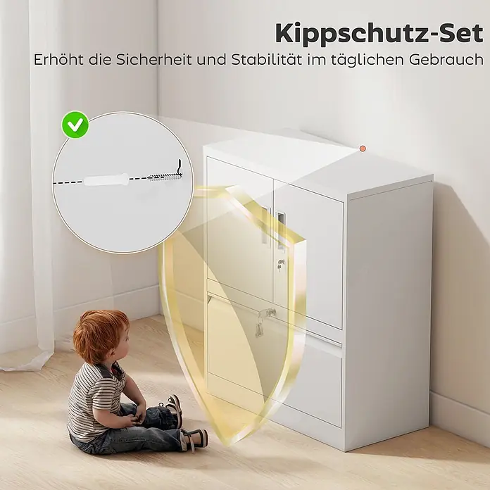 Homcom Aktenschrank 1-teilig - Weiß - Kippsicherung für weißen Schrank, an der Wand befestigt, mit Kind am Boden, erhöht die Sicherheit.