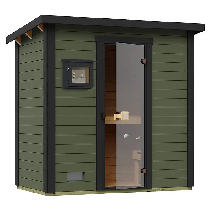 Weka Saunahaus Kaapi 1 - L x B x H: 138 x 224 x 215 cm, Grüngrau, Mit 9 kW Bio-Ofen mit externer digitaler Steuerung - Dunkelgrüne Holz-Außensauna mit schwarzem Rahmen und einer klaren Glastür, inklusive kleinem Lüftungsfenster und Belüftungsschlitz.