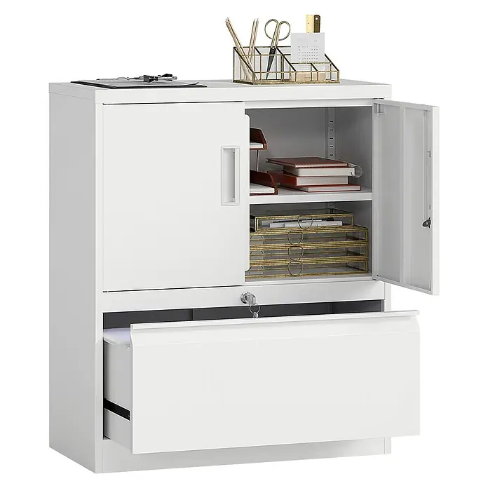 Homcom Aktenschrank 1-teilig - Weiß - Weißer Metall-Aktenschrank mit offener oberer Tür und offenem unterem Schubfach. Büromaterial ist oben und innen.