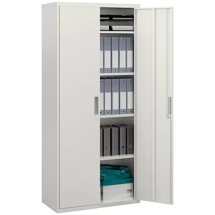 Homcom Aktenschrank 2-teilig - Weiß - Hellesgrauer Metall-Büroschrank mit offener Tür, der mehrere Regale voller Akten und Büromaterial zeigt.