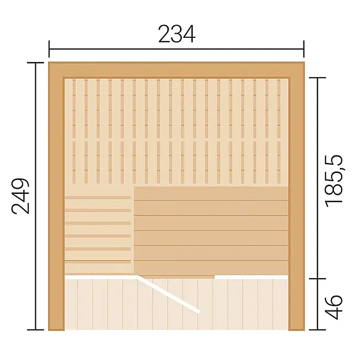 Weka Saunahaus Luua - L x B x H: 249 x 234 x 244 cm, Schwarz, Mit 9 kW Ofen mit integrierter Steuerung - Hölzernes Saunainnenraum-Diagramm mit Bänken und detaillierten Maßen.