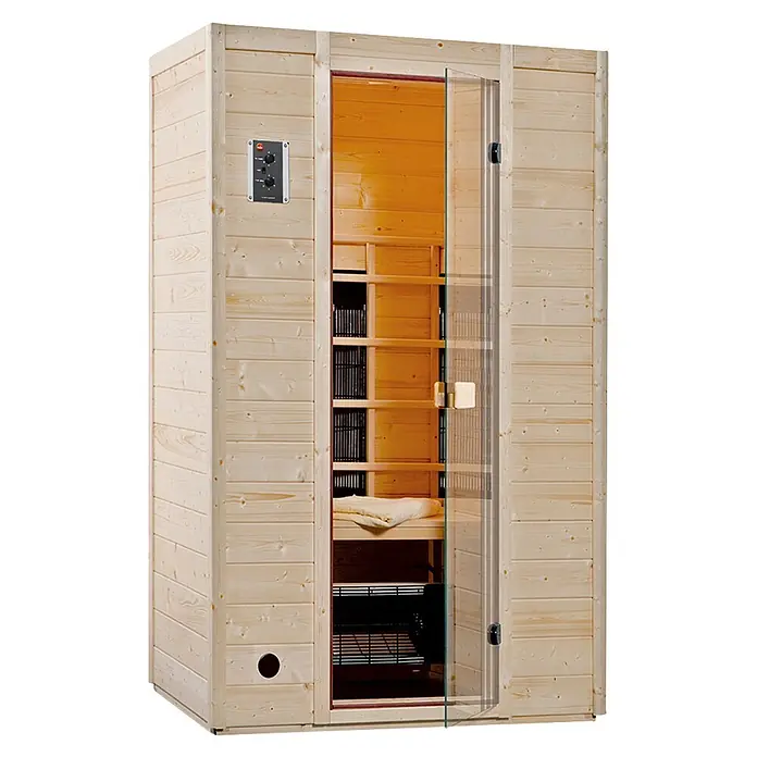 Weka Infrarotkabine Vaala - 100 x 131 x 196 cm, 2.050 Watt (W) - Helle Holzsaunakabine mit Glastür, externem Bedienfeld und einer Innenbank.