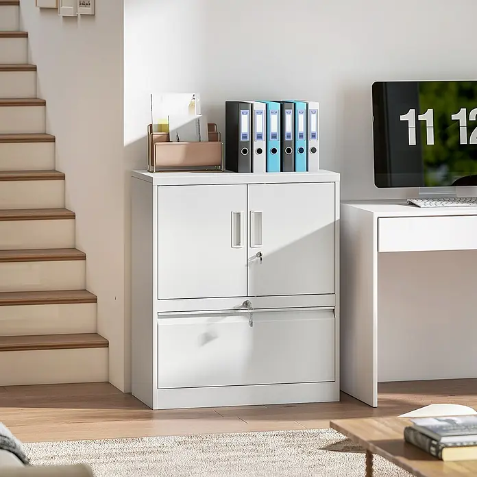 Homcom Aktenschrank 1-teilig - Weiß - Weißer Metall-Aktenschrank mit abschließbaren Türen und Schublade, zur Aufbewahrung in einem modernen Büro.