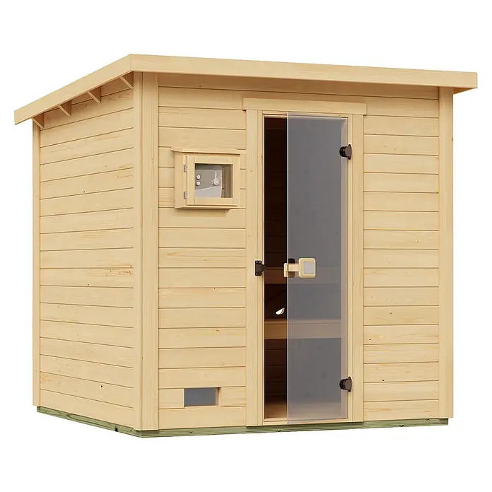 Weka Saunahaus Kaapi 3 - L x B x H: 226 x 224 x 215 cm, Natur, Mit 9 kW Ofen mit externer digitaler Steuerung - Helle Holz-Außensauna mit moderner Glastür und Bedienfeld an der Seite.