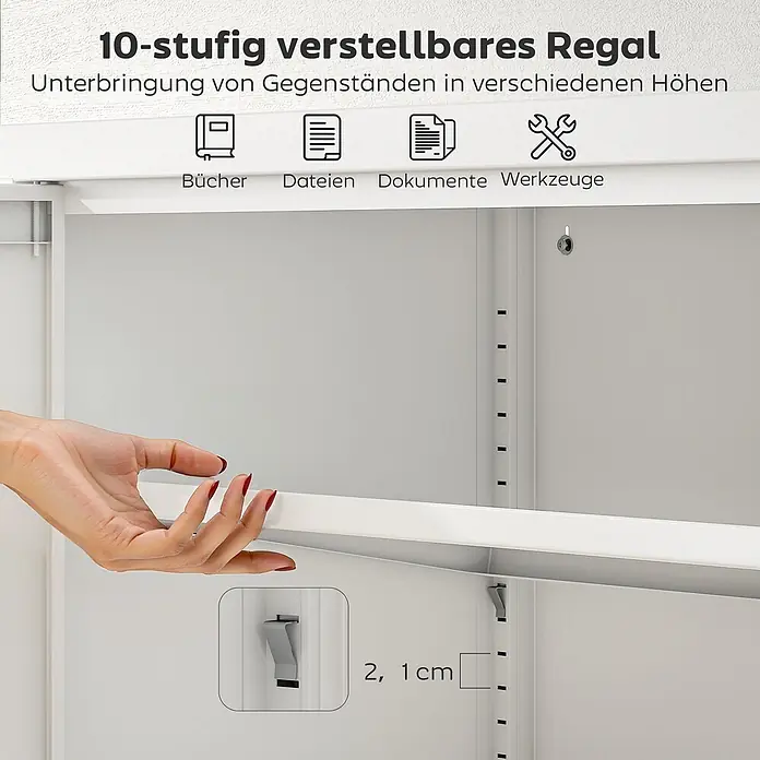 Homcom Aktenschrank 1-teilig - Weiß - Hellgraues Metallregal mit 10-stufig verstellbaren Einlegeböden, zeigt 2,1 cm Verstellabstand für Bücher, Dokumente, Werkzeuge.