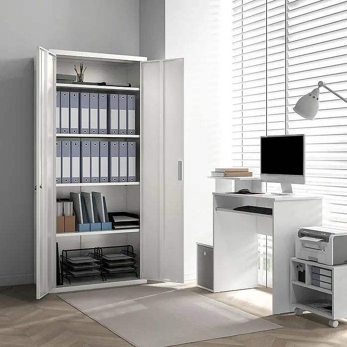 Homcom Aktenschrank 2-teilig - Weiß - Weißer Metallschrank mit zwei offenen Türen, der organisierte Büroakten und -utensilien zeigt.
