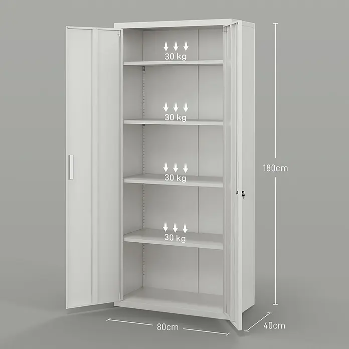Homcom Aktenschrank 2-teilig - Weiß - Weißer Metallschrank mit offenen Türen, vier verstellbaren Fachböden und Maßen (180x80x40cm), jeder Boden trägt 30 kg.