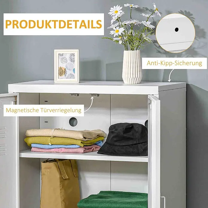 Homcom Aktenschrank 1-teilig - B x T x H: 33 x 33 x 110 cm, Weiß - Weißer Metallschrank mit offenen Türen, zeigt Regale mit Kleidung, Magnetverschluss und Anti-Kipp-Sicherung.