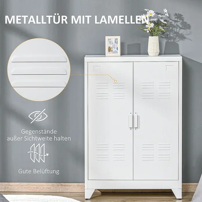 Homcom Aktenschrank 1-teilig - B x T x H: 33 x 33 x 110 cm, Weiß - Weißer Metallschrank mit Lamellentüren für Belüftung und Diskretion.