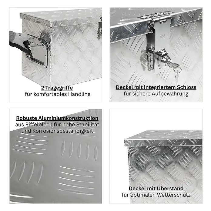 Proregal Aufbewahrungsbox Deichselbox TITAN Anhängerbox - Aluminium, Silber - Silberfarbene Aluminium-Riffelblech-Werkzeugkiste mit zwei Tragegriffen, integriertem Schloss und überhängendem Deckel für Wetterschutz.