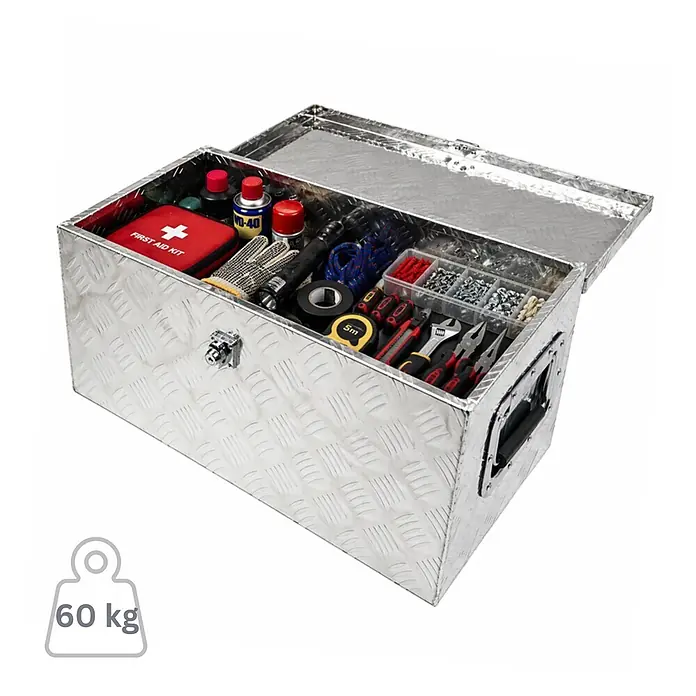 Proregal Aufbewahrungsbox Deichselbox TITAN Anhängerbox - Aluminium, Silber - Offene Aluminium-Riffelblech-Werkzeugkiste mit verschiedenen Werkzeugen, Erste-Hilfe-Set und Zubehör. Max. 60 kg Tragkraft.