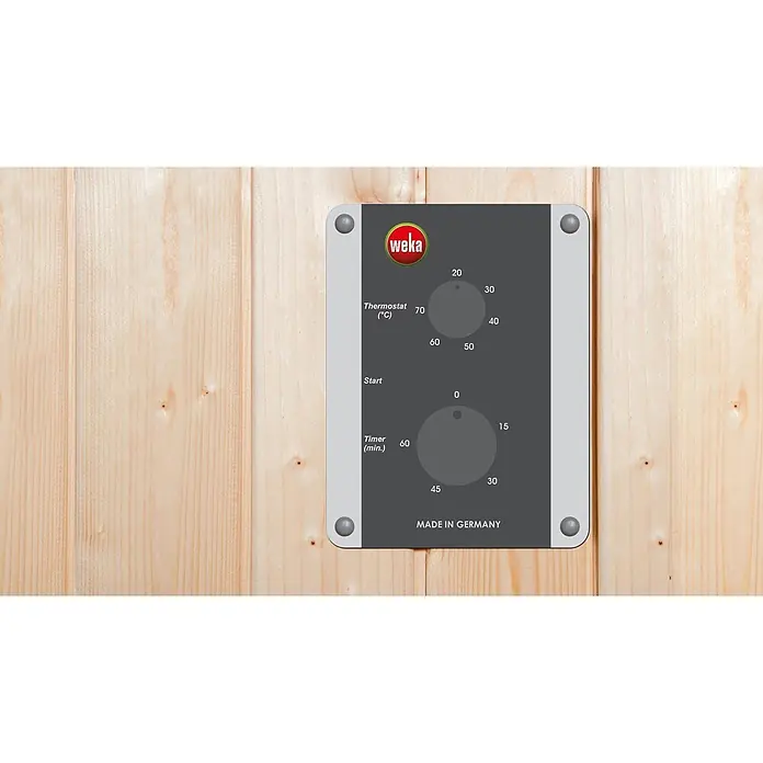 Weka Infrarotkabine Vaala - 100 x 131 x 196 cm, 2.050 Watt (W) - Weka Saunasteuerung, dunkelgrau mit hellgrauen Akzenten, mit Drehreglern für Thermostat (20-70°C) und Timer (0-60 Min.) an hellem Holz.