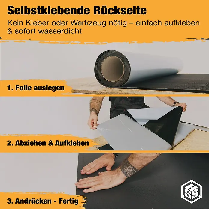 Dachbahn EPDM KSK - B x L: 1 x 5 m, Selbstklebend, EPDM und ButylKlebstoff - Anwendung einer schwarzen selbstklebenden Dichtungsbahn, beim Ausrollen, Abziehen und Andrücken gezeigt.
