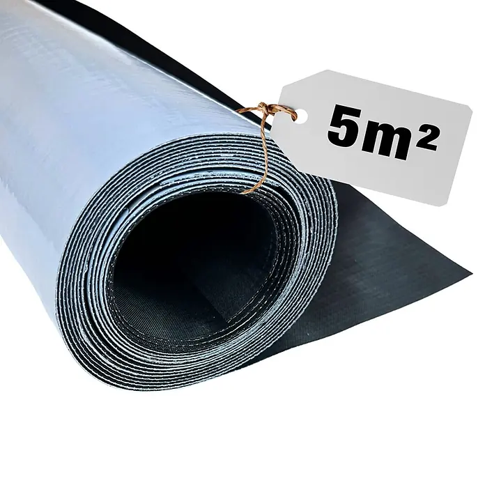 Dachbahn EPDM KSK - B x L: 1 x 5 m, Selbstklebend, EPDM und ButylKlebstoff - Gerollte schwarze Membran mit silbergrauer Oberfläche und einem Anhänger mit "5m²".
