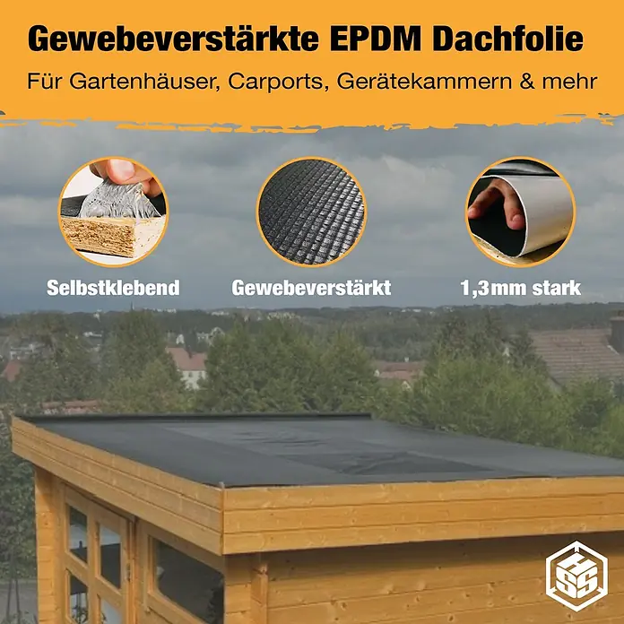 Dachbahn EPDM KSK - B x L: 1 x 5 m, Selbstklebend, EPDM und ButylKlebstoff - Schwarze, gewebeverstärkte EPDM-Dachfolie, 1,3 mm stark und selbstklebend, auf einem Gartenhausdach.