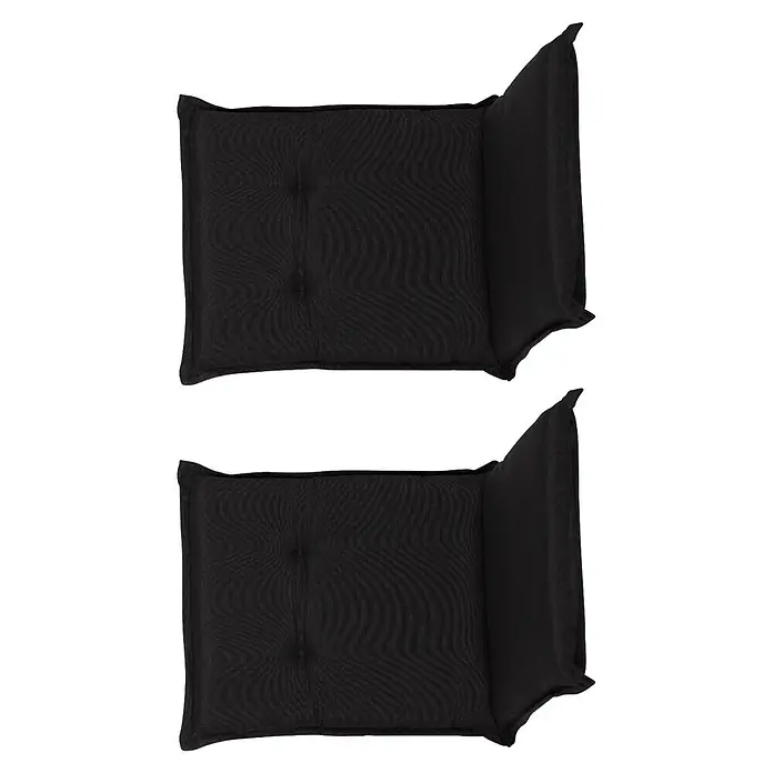 beo Gartenmöbel-Auflage Trabzon - Niederlehner, 2 Stk., L x B x H: 98 x 46 x 8 cm, Baumwolle, Polyester, Schwarz - Zwei identische schwarze Outdoor-Stuhlkissen mit gewebter Textur und zwei Knöpfen.