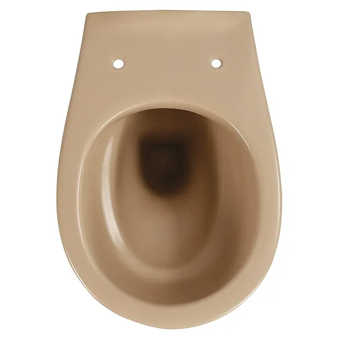 Sanicomfort Wand-WC Beige Matt - Spülrandlos, Ohne Spezialglasur, Spülform: Tief, WC Abgang: Waagerecht, Beige - Beige Keramik-Toilettenschüssel von oben gesehen, mit zwei Sitzbefestigungslöchern und einem dunklen Abfluss.