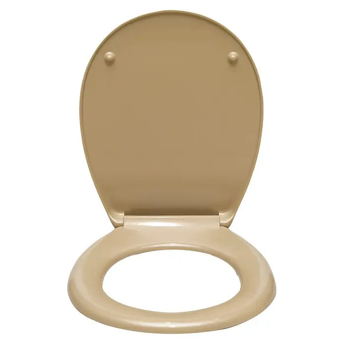 Sanicomfort WC-Sitz Beige Matt - Duroplast, Beige, Mit Absenkautomatik, Matt - Beige, glänzender Toilettensitz mit geöffnetem Deckel, der den Sitzring zeigt.
