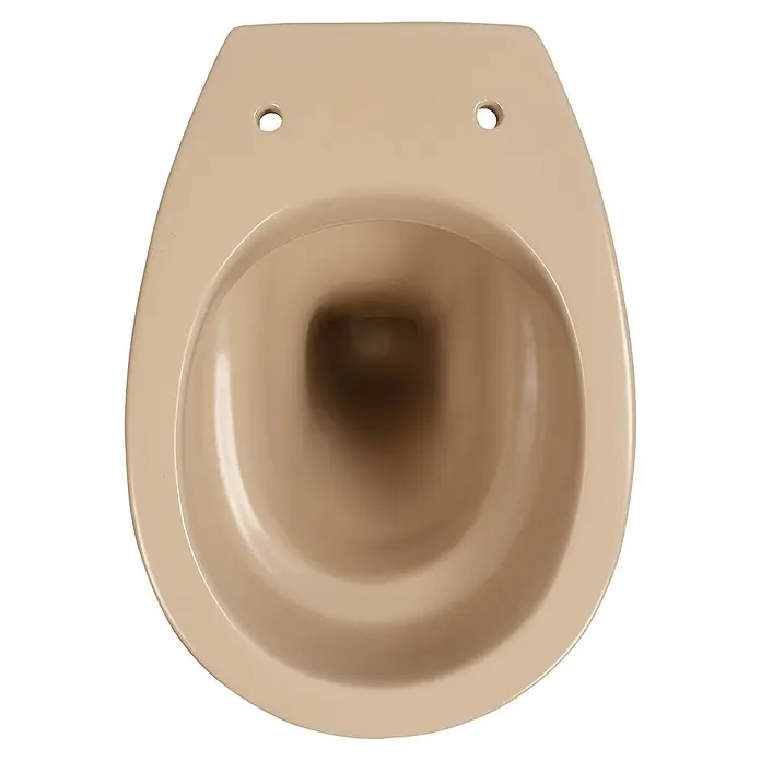 Sanicomfort Stand-WC Beige Matt - Spülrandlos, Ohne Spezialglasur, Spülform: Tief, WC Abgang: Waagerecht, Beige - Beige Keramik-Toilettenschüssel, Draufsicht, mit Becken und Befestigungslöchern für den Sitz.