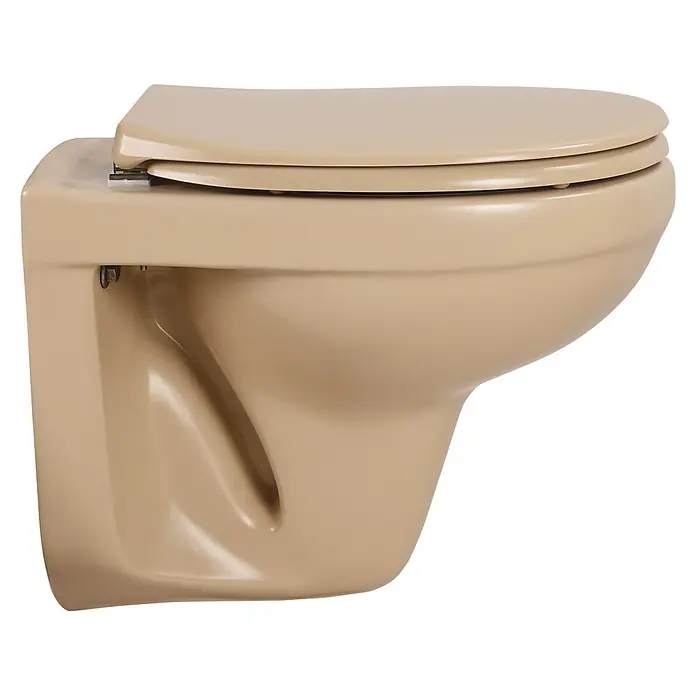 Sanicomfort Wand-WC Beige Matt - Spülrandlos, Ohne Spezialglasur, Spülform: Tief, WC Abgang: Waagerecht, Beige - Beige wandhängende Toilette mit geschlossenem Sitz.