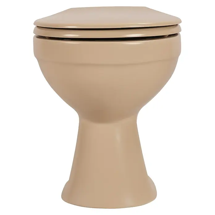 Sanicomfort Stand-WC Beige Matt - Spülrandlos, Ohne Spezialglasur, Spülform: Tief, WC Abgang: Waagerecht, Beige - Beige Toilettenschüssel mit Deckel.