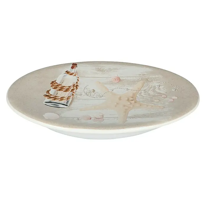 Venus Sealife Seifenschale - Keramik, Beige/Weiß - Ovale Seifenablage mit Strandmotiven, darunter eine Flasche, ein Seestern und Muscheln, die ein maritimes Flair ins Badezimmer bringen.