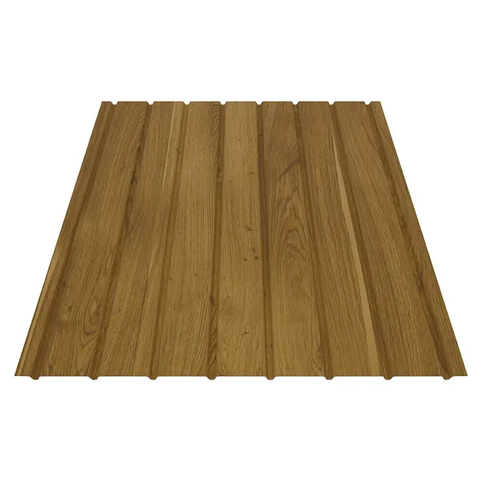 Metdach Fassadenpaneel H12 - 200 x 91 cm, Goldeiche, Stahl - Braune Wellholzverkleidungsplatten mit natürlicher Holzmaserung.
