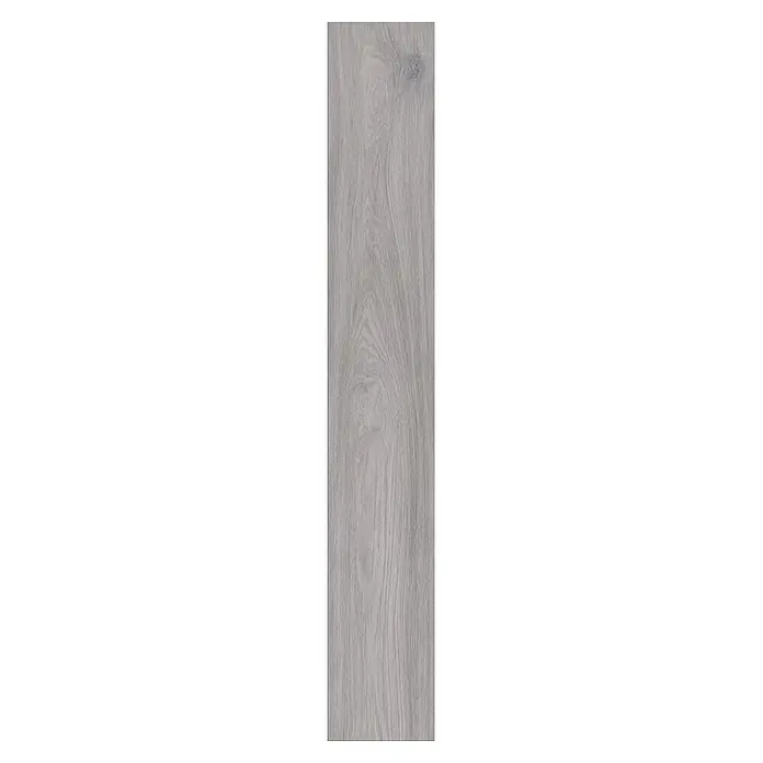 Krono Original Laminat Comfort Silent Cork - Ethereal Oak, Landhausdiele, 1.288 x 195 x 8 mm - Längliche graue Fliese in Holzoptik mit sichtbarer Maserung.