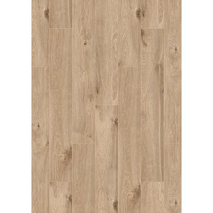 Krono Original Laminat Classic Silent Eco - Eurus Oak, Landhausdiele, 1.288 x 195 x 9 mm - Hellebrauner Holzboden mit natürlicher Maserung und vertikalen Dielen.