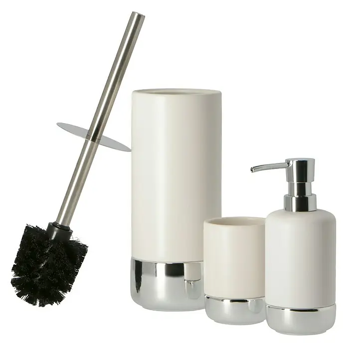 Venus Venezia Seifenspender - Keramik, Weiß/Chrom - Elegantes Badezimmerset in Weiß und Silber: WC-Bürste, Seifenspender und Zahnputzbecher für stilvolle Badaccessoires.