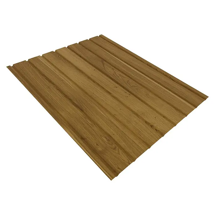 Metdach Fassadenpaneel H12 - 200 x 91 cm, Goldeiche, Stahl - Braune Wandverkleidung in Holzoptik mit Rillenprofil.