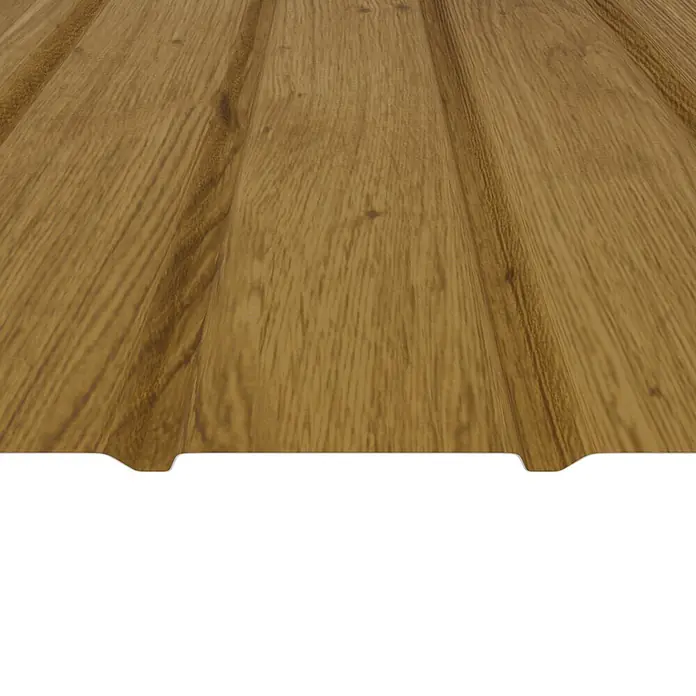 Metdach Fassadenpaneel H12 - 200 x 91 cm, Goldeiche, Stahl - Hellbraune Holzplatte mit sichtbarer Maserung und einer markanten gewellten Unterkante.