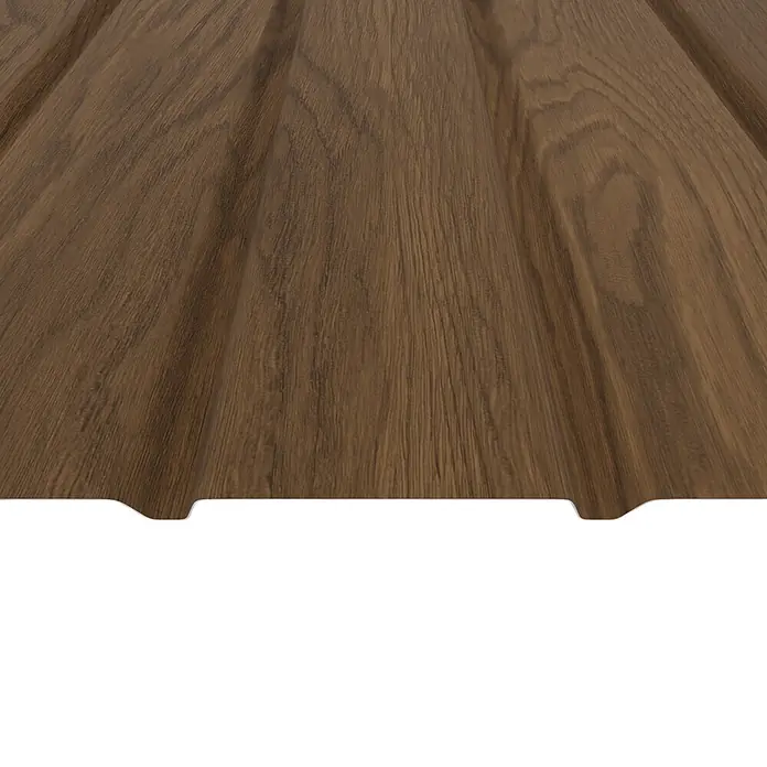 Metdach Fassadenpaneel H12 - 300 x 91 cm, Nussbaum, Stahl - Braunes Wellblechpaneel mit Holzmaserung.
