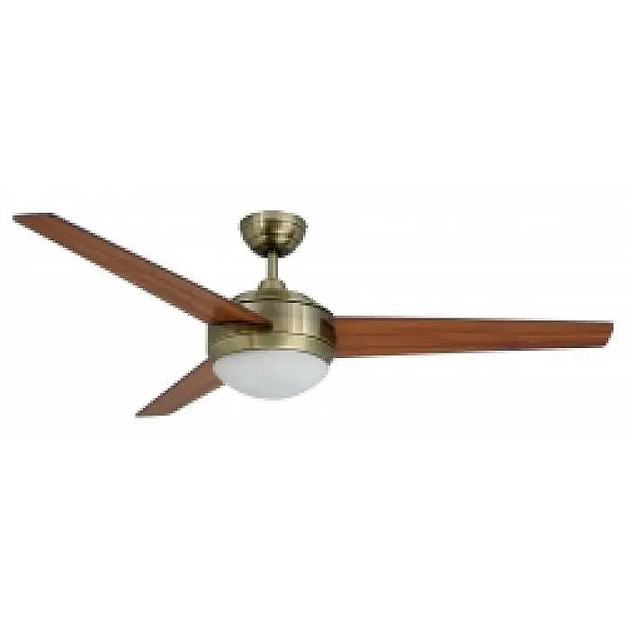 Vam Deckenventilator VEGALIGHT Antik-messing Teak/Wengé - Teak-Wenge, 1.320 mm, 46 W - Deckenventilator aus Messing mit drei braunen Holzflügeln und einer mattweißen Lichtkugel.